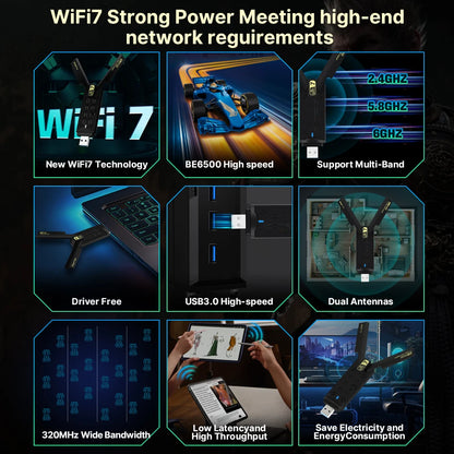 WiFi 7 BE6500 Wireless USB 3.0 Adapter Reatek RTL8912AU Tri-Band 2.4G/5.8G/6GHz 802.11AX Free Drive for Win 10/11